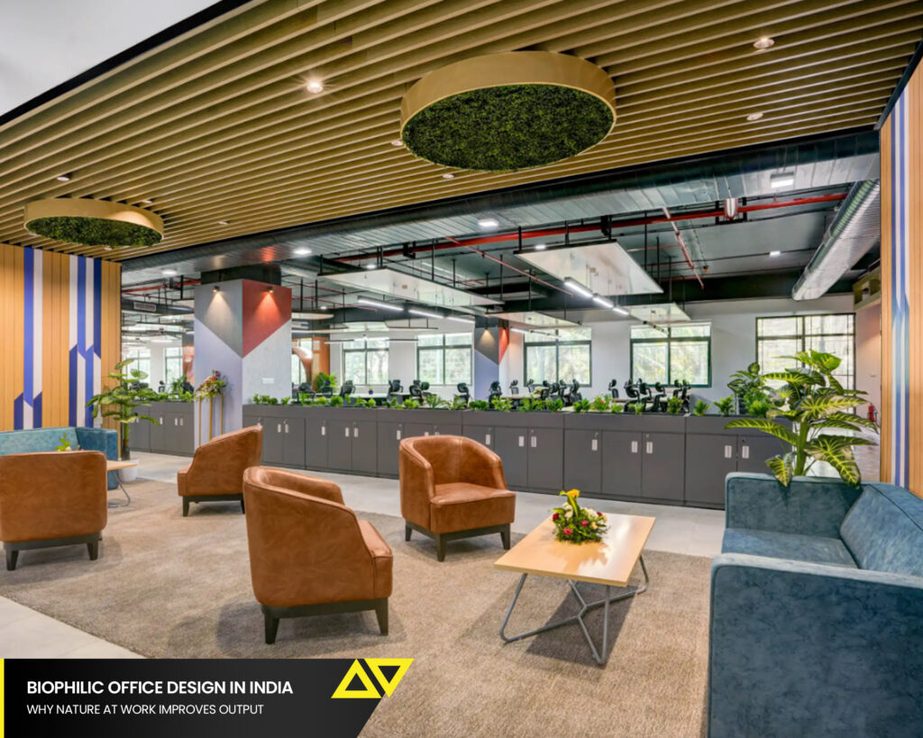 Biophilic green office interior in India with daylight, planting, and natural materials - Flipspaces