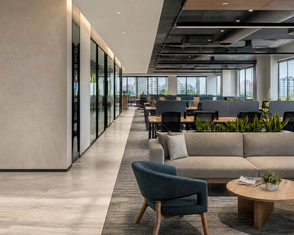 Open-plan office space planning with workstation, collaboration, and amenity zones in India - Flipspaces
