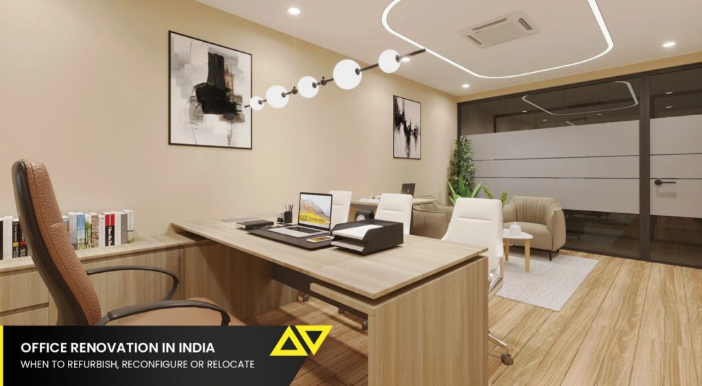 Phased office renovation in India with a working floor beside a zone under refurbishment - Flipspaces