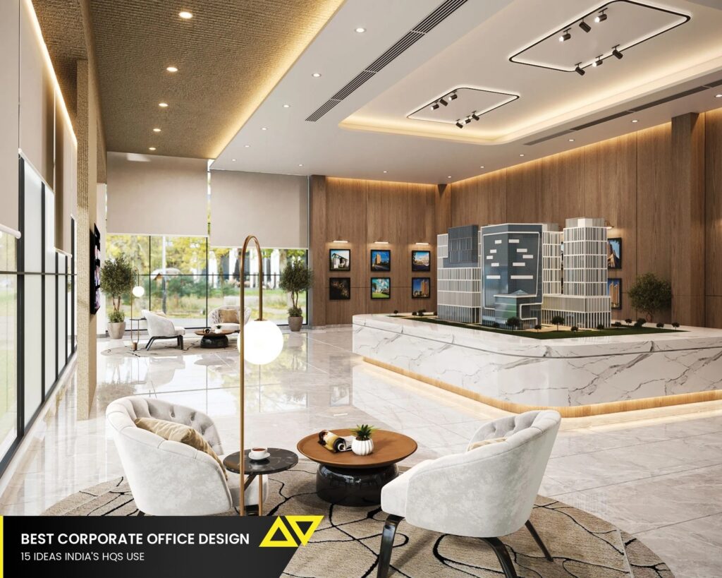 Corporate headquarters floor in India with a double-height arrival space, enclosed focus rooms and planting - Flipspaces